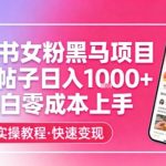 小红书女粉黑马项目，单篇帖子日入1k+，小白零成本上手